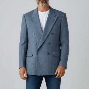 Vintage 100% Silk Double‎ Breasted Blue Blazer Sport Coat Jacket Sz 42L Classic